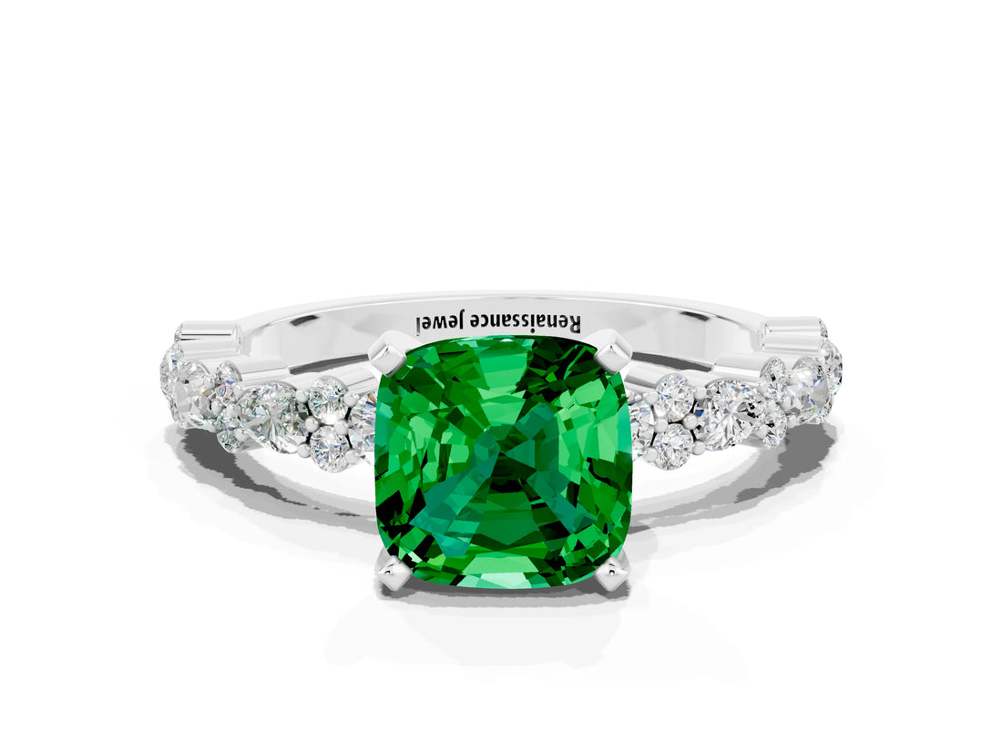 White gold Cushion Cut Emerald Side Stone Solitaire Ring with Round  and Four-Prong Setting_48