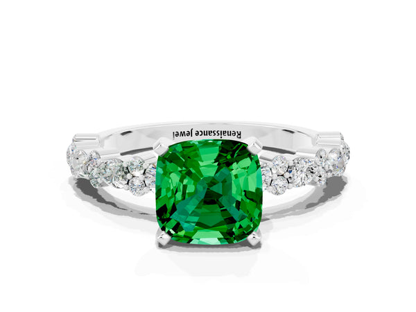 White gold Cushion Cut Emerald Side Stone Solitaire Ring with Round  and Four-Prong Setting