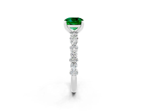 Platinum Cushion Cut Emerald Side Stone Solitaire Ring with Round  and Four-Prong Setting