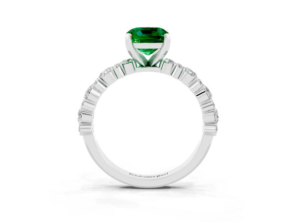 White gold Cushion Cut Emerald Side Stone Solitaire Ring with Round  and Four-Prong Setting