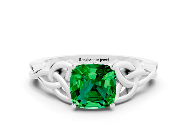 Platinum Cushion Cut Emerald Solitaire Celtic Knot Ring with Four-Prong Setting