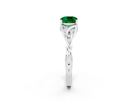 White gold Cushion Cut Emerald Solitaire Celtic Knot Ring with Four-Prong Setting_14