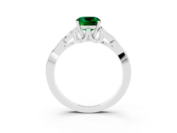 Platinum Cushion Cut Emerald Solitaire Celtic Knot Ring with Four-Prong Setting