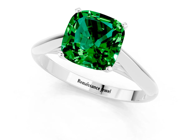 Silver Cushion Cut Emerald Solitaire Engagement Ring with Cathedral Setting and Four-Prong Mount