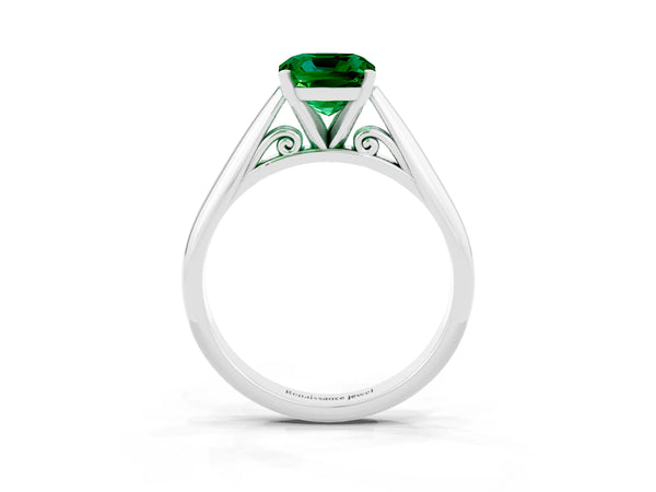 Silver Cushion Cut Emerald Solitaire Engagement Ring with Cathedral Setting and Four-Prong Mount