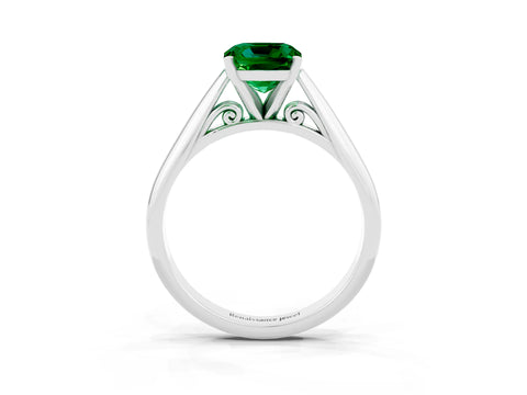 White gold Cushion Cut Emerald Solitaire Engagement Ring with Cathedral Setting and Four-Prong Mount_63
