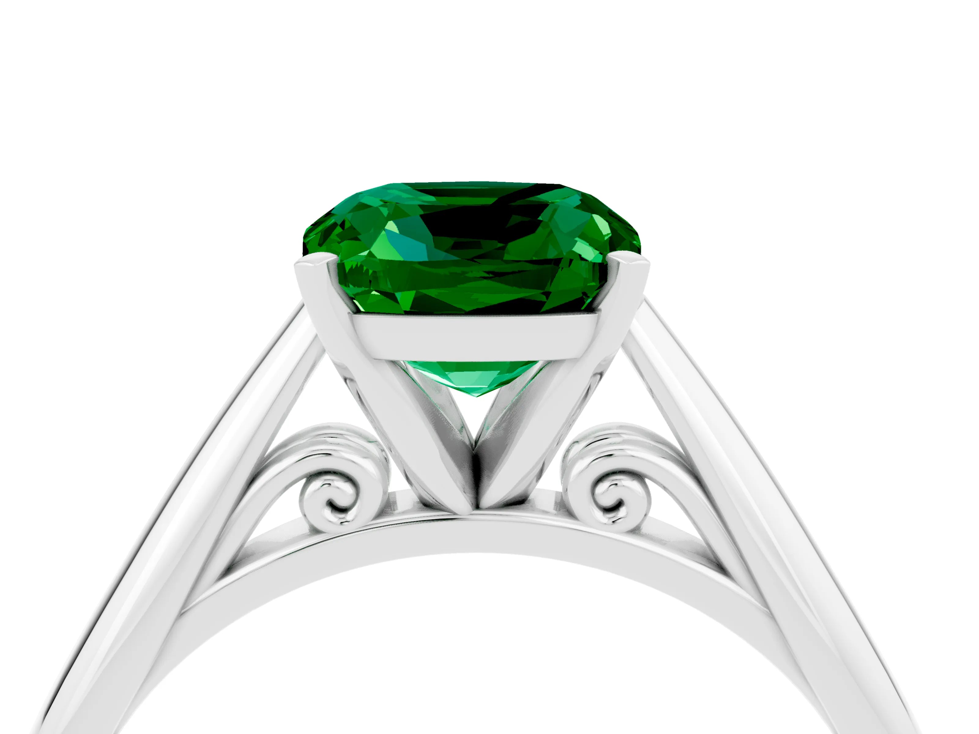 White gold Cushion Cut Emerald Solitaire Engagement Ring with Cathedral Setting and Four-Prong Mount_64