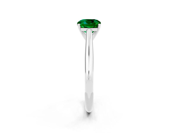 White gold Cushion Cut Emerald Solitaire Engagement Ring with Cathedral Setting and Four-Prong Mount
