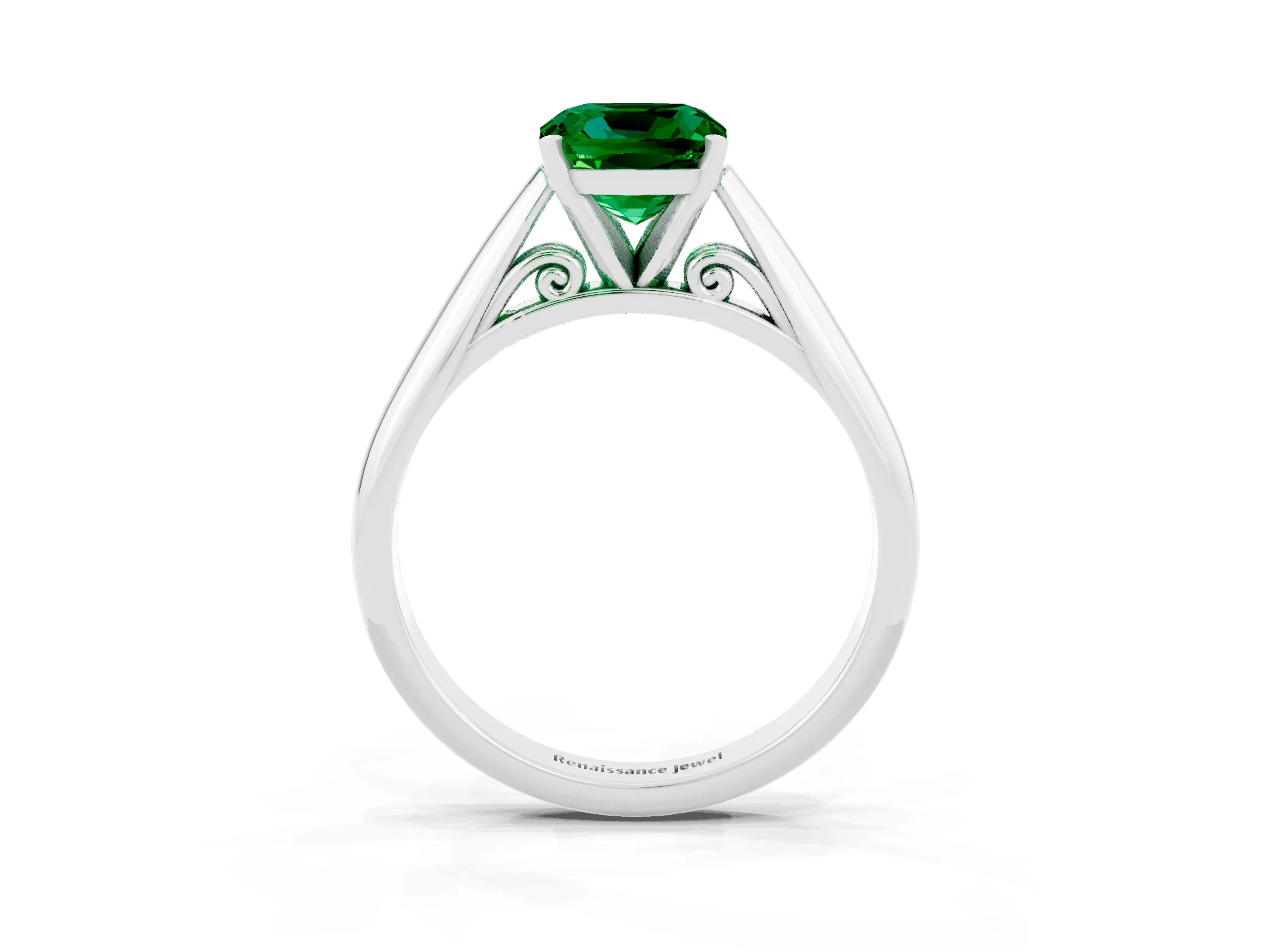 White gold Cushion Cut Emerald Solitaire Engagement Ring with Cathedral Setting and Four-Prong Mount_75