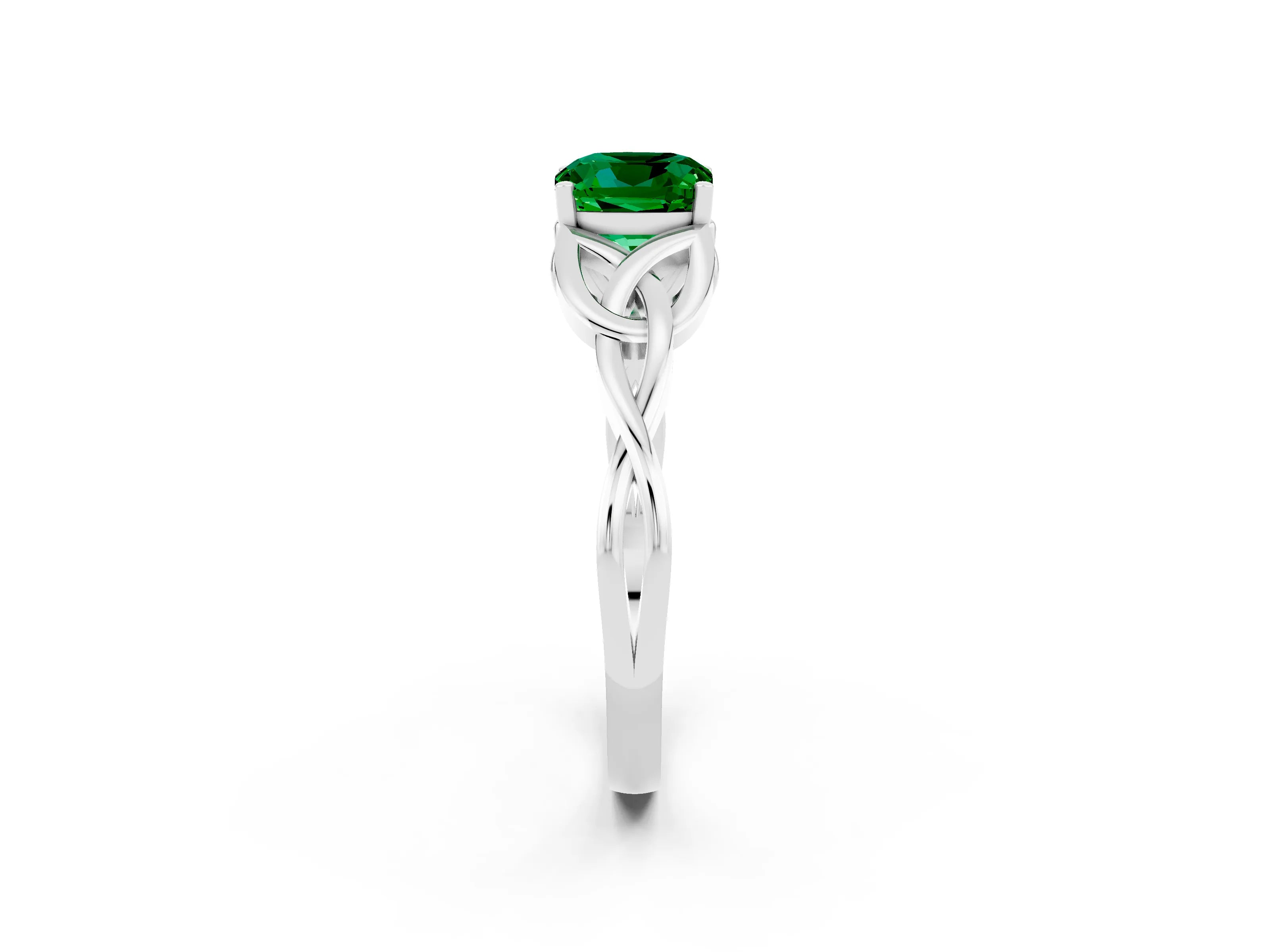 White gold Cushion Cut Emerald Solitaire Engagement Ring with Celtic Knot Band and Four-Prong Setting_2
