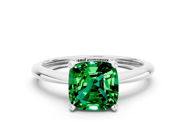 White gold Cushion Cut Emerald Solitaire Engagement Ring with Classic Band and Four-Prong Setting