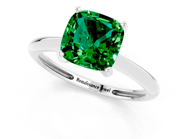 White gold Cushion Cut Emerald Solitaire Engagement Ring with Classic Band and Four-Prong Setting