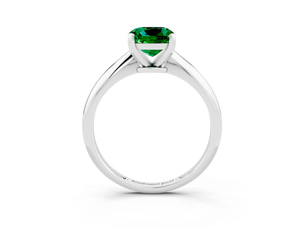 White gold Cushion Cut Emerald Solitaire Engagement Ring with Classic Band and Four-Prong Setting