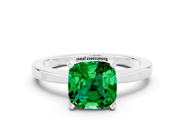 White gold Cushion Cut Emerald Solitaire Engagement Ring with Classic Band and Four-Prong Setting