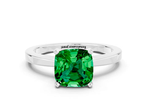 White gold Cushion Cut Emerald Solitaire Engagement Ring with Classic Band and Four-Prong Setting_24