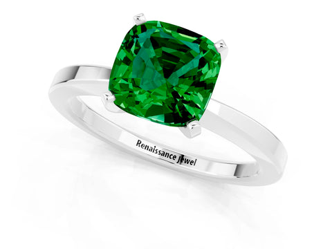 White gold Cushion Cut Emerald Solitaire Engagement Ring with Classic Band and Four-Prong Setting_25