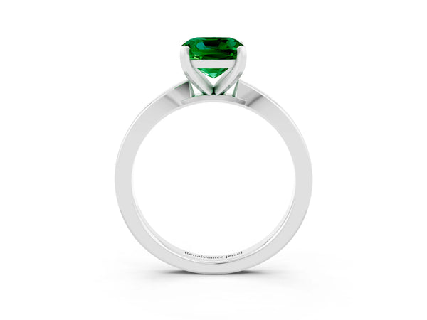 Platinum Cushion Cut Emerald Solitaire Engagement Ring with Classic Band and Four-Prong Setting