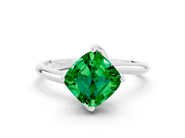 Platinum Cushion Cut Emerald Solitaire Engagement Ring with Four-Prong Setting and Classic Band