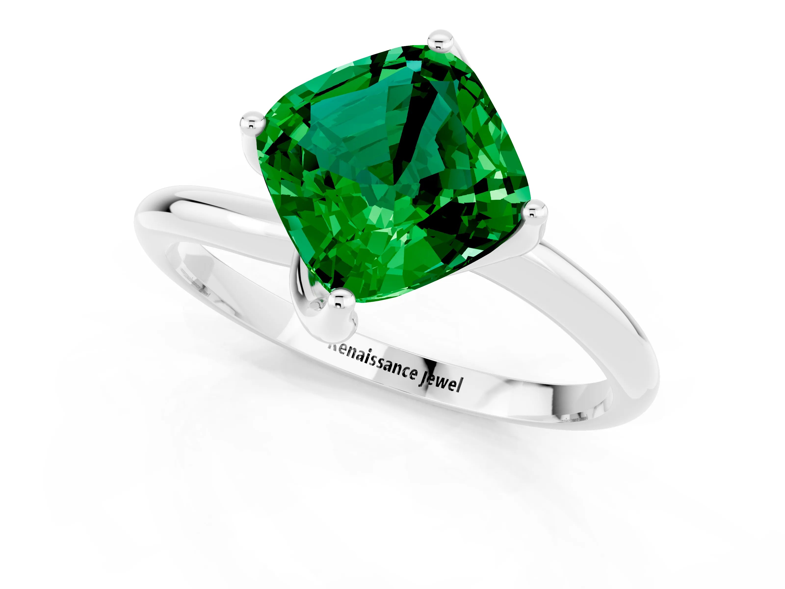 White gold Cushion Cut Emerald Solitaire Engagement Ring with Four-Prong Setting and Classic Band_13
