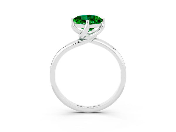 Silver Cushion Cut Emerald Solitaire Engagement Ring with Four-Prong Setting and Classic Band