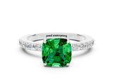 White gold Cushion Cut Emerald Solitaire Engagement Ring with Pavé Band and Four-Prong Setting