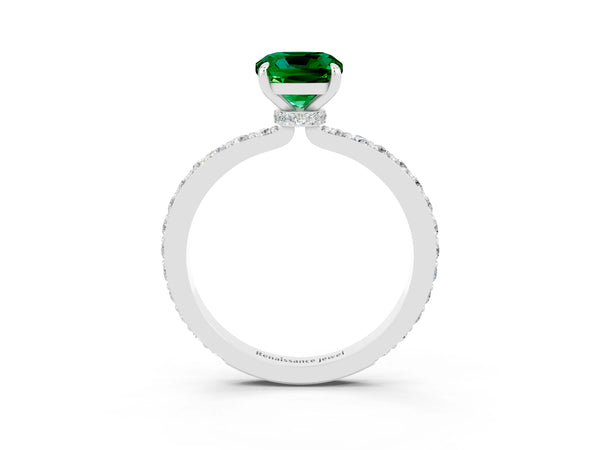 Platinum Cushion Cut Emerald Solitaire Engagement Ring with Pavé Band and Four-Prong Setting