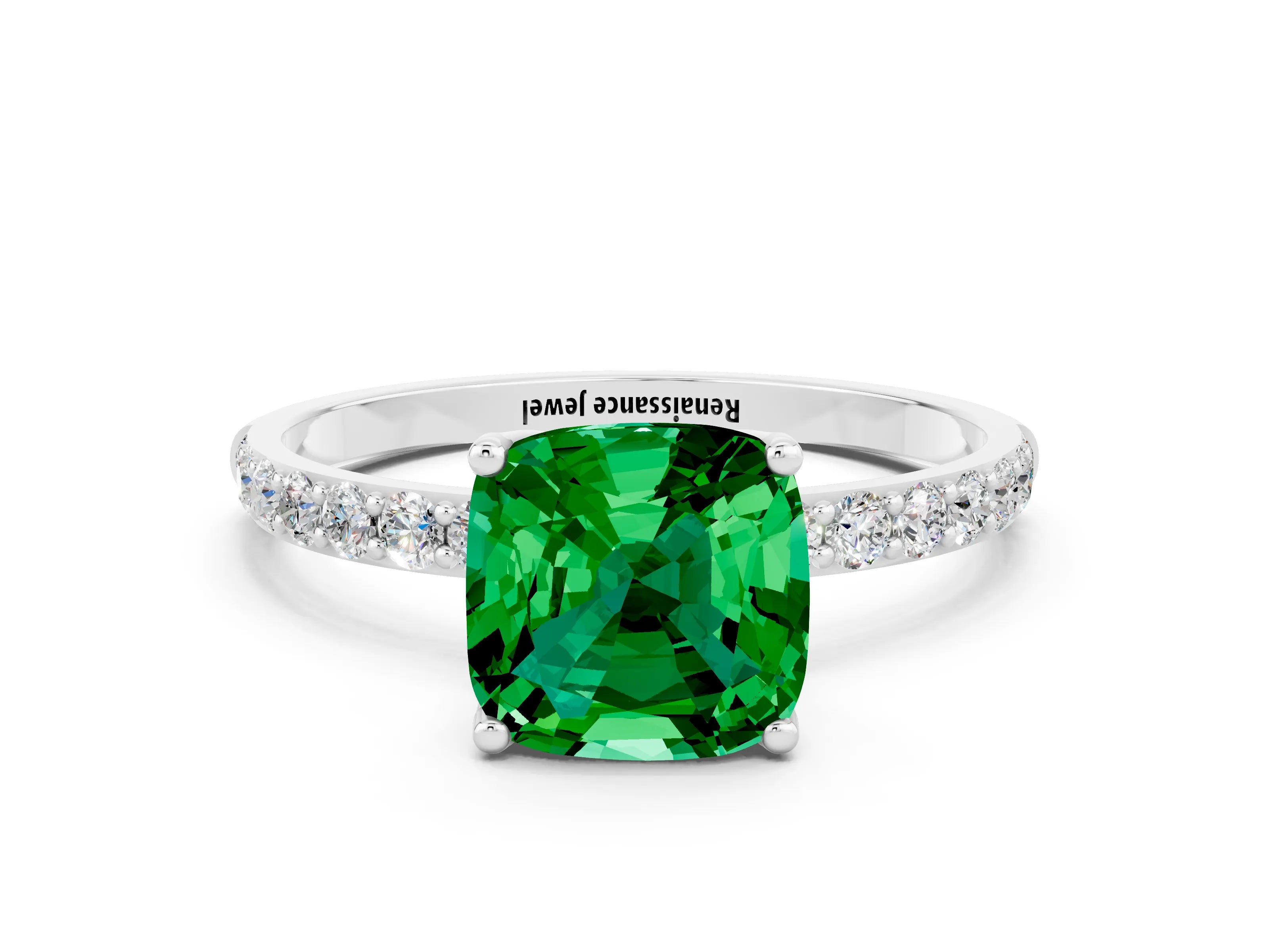 White gold Cushion Cut Emerald Solitaire Engagement Ring with Pavé Band and Prong Setting