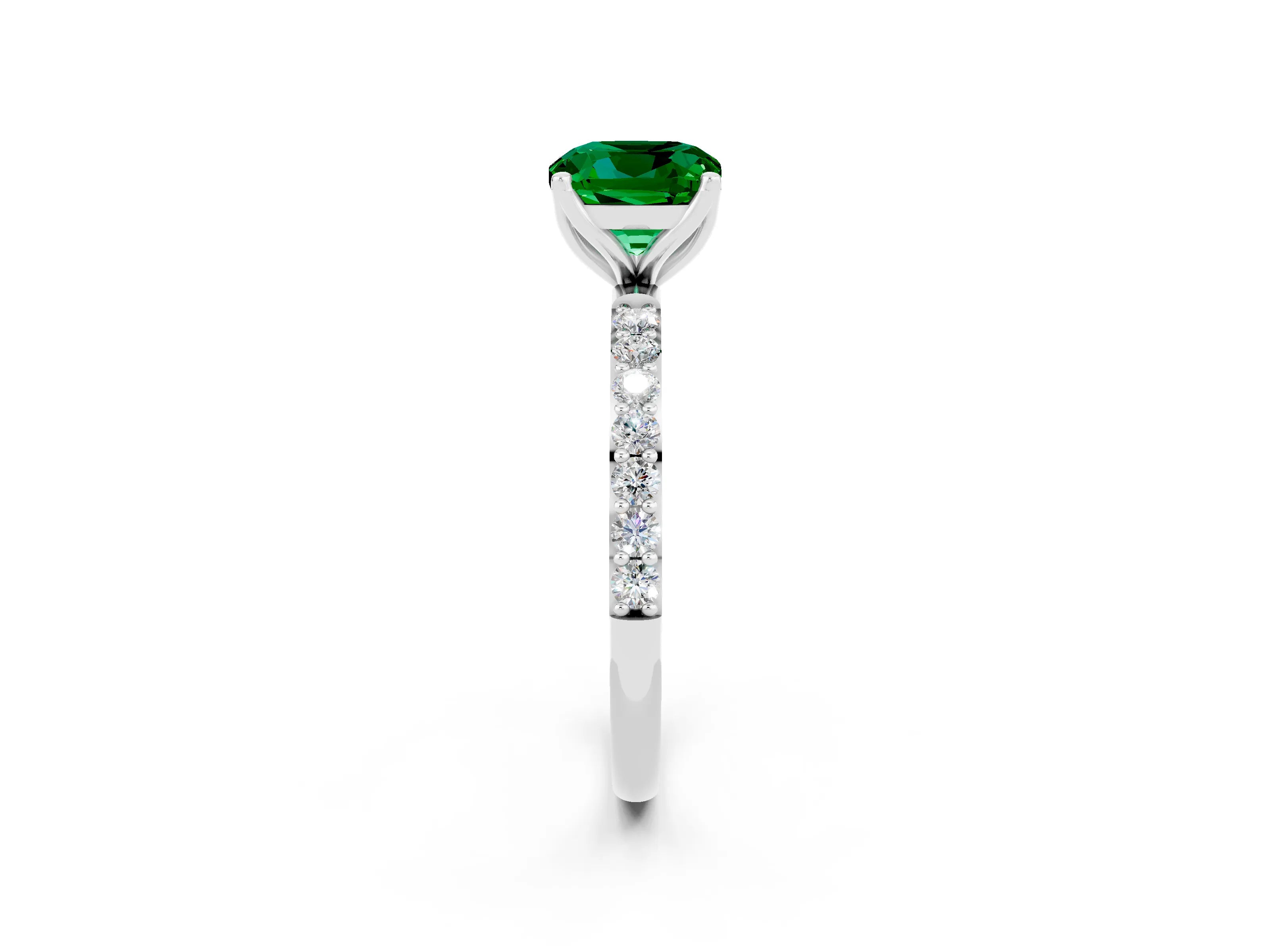 White gold Cushion Cut Emerald Solitaire Engagement Ring with Pavé Band and Prong Setting_2