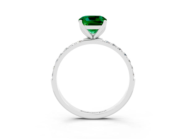 Silver Cushion Cut Emerald Solitaire Engagement Ring with Round  Pavé Band and Prong Setting