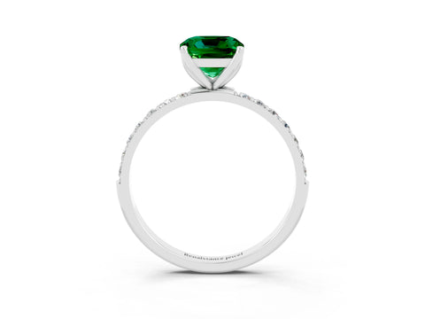 White gold Cushion Cut Emerald Solitaire Engagement Ring with Pavé Band and Prong Setting_3