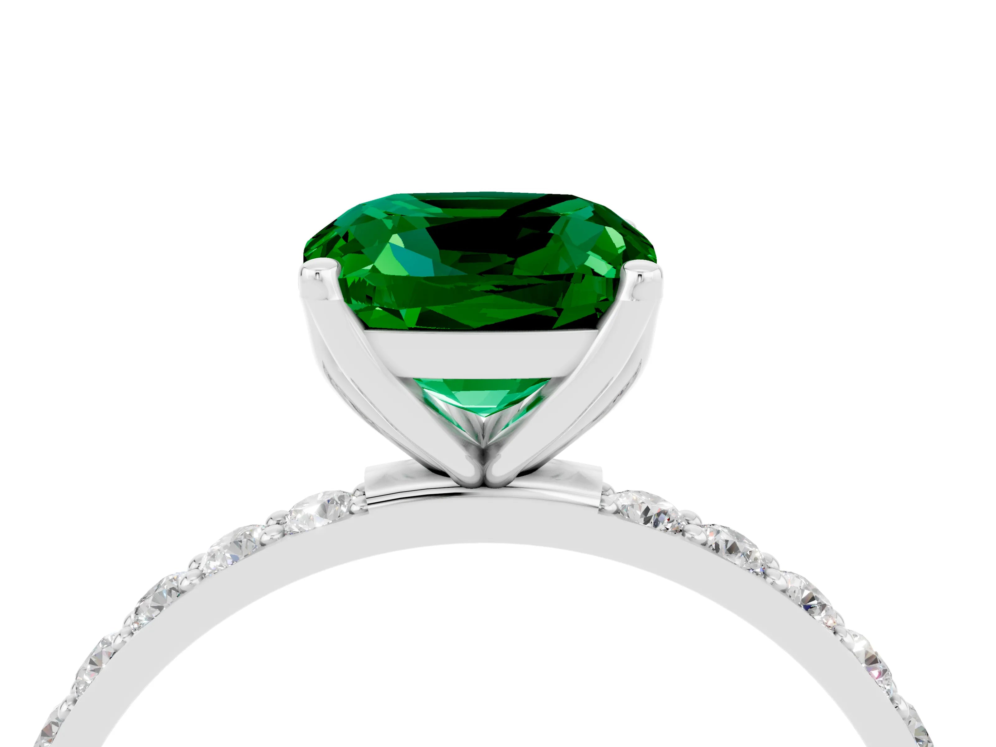 White gold Cushion Cut Emerald Solitaire Engagement Ring with Pavé Band and Prong Setting_4
