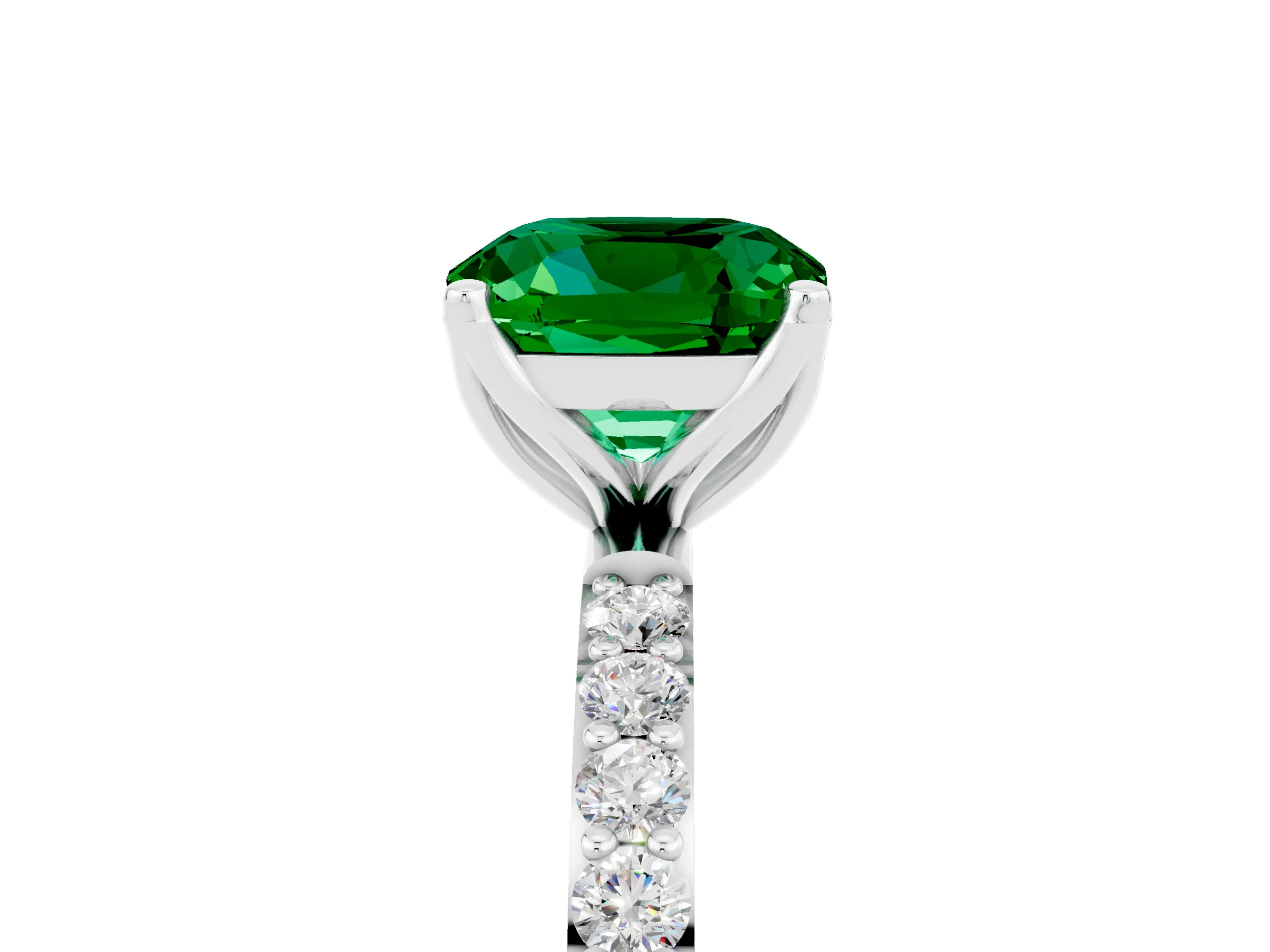 White gold Cushion Cut Emerald Solitaire Engagement Ring with Pavé Band and Prong Setting_5