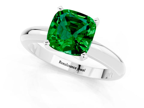 White gold Cushion Cut Emerald Solitaire Engagement Ring with Round Band and Four-Prong Setting_1