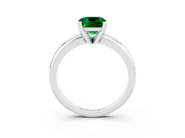 White gold Cushion Cut Emerald Solitaire Engagement Ring with Round Band and Four-Prong Setting
