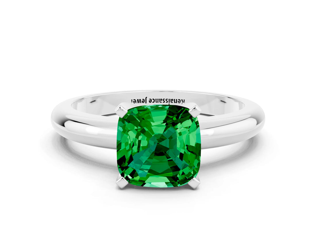 White gold Cushion Cut Emerald Solitaire Engagement Ring with Round Band and Four-Prong Setting