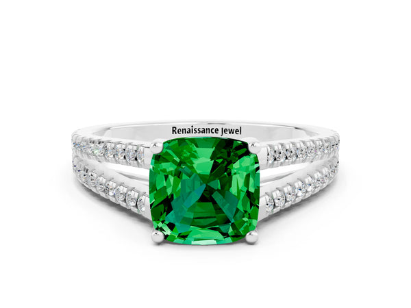 Platinum Cushion Cut Emerald Solitaire Engagement Ring with Split Shank Pavé Band