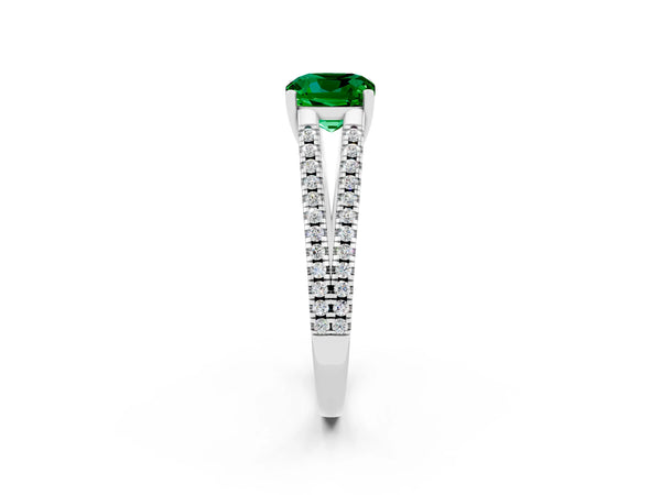 Platinum Cushion Cut Emerald Solitaire Engagement Ring with Split Shank Pavé Band