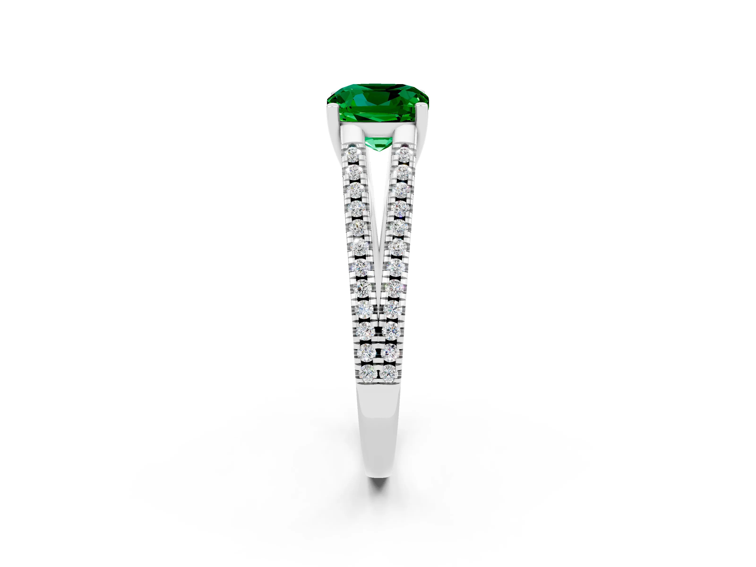 White gold Cushion Cut Emerald Solitaire Engagement Ring with Split Shank Pavé Band_2