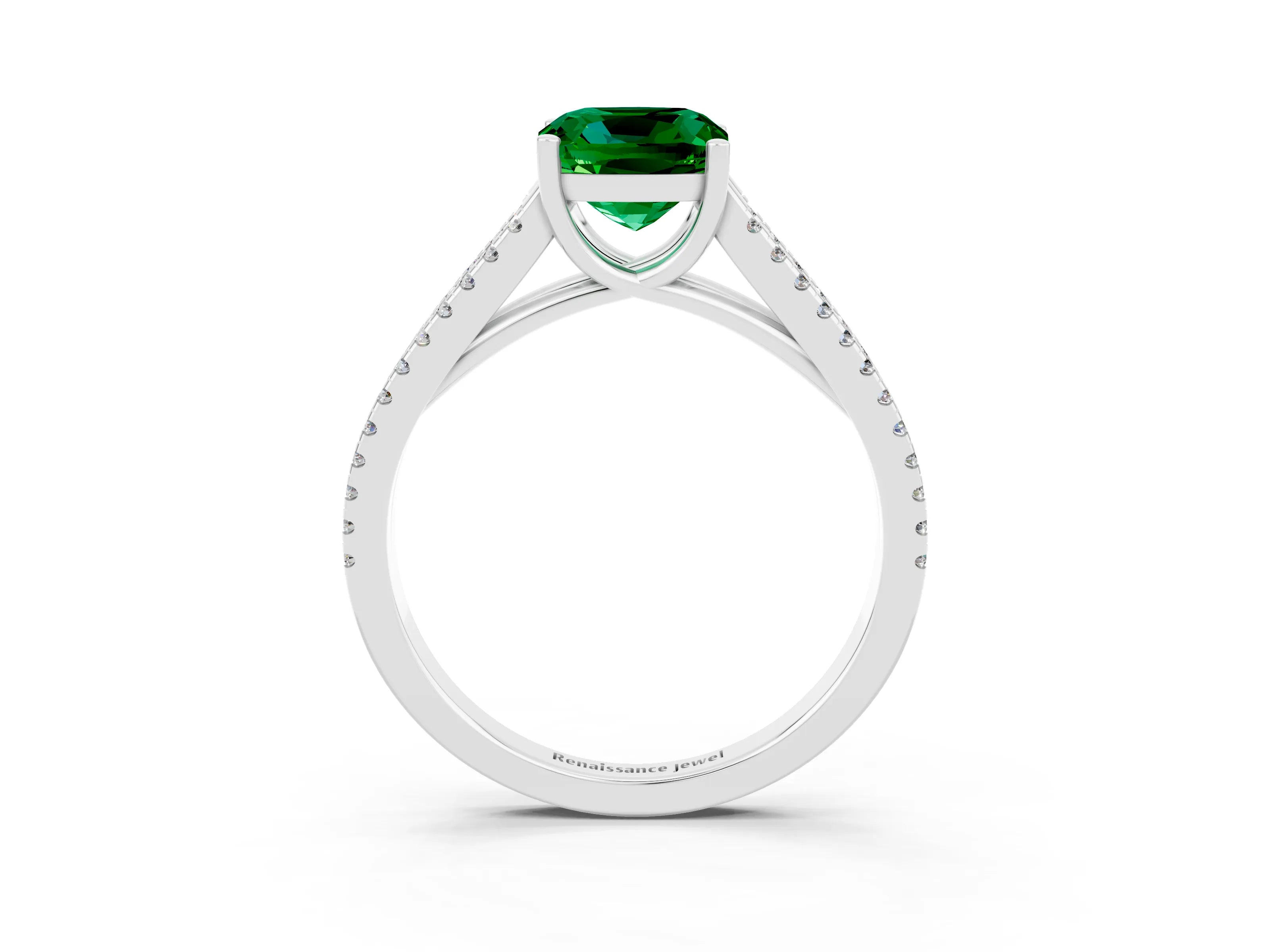 White gold Cushion Cut Emerald Solitaire Engagement Ring with Split Shank Pavé Band_3