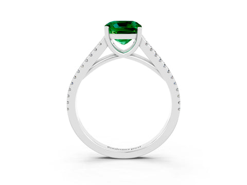 White gold Cushion Cut Emerald Solitaire Engagement Ring with Split Shank Pavé Band_3