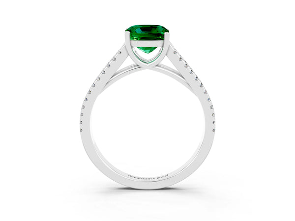 White gold Cushion Cut Emerald Solitaire Engagement Ring with Split Shank Pavé Band
