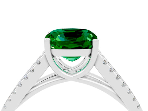 White gold Cushion Cut Emerald Solitaire Engagement Ring with Split Shank Pavé Band_4