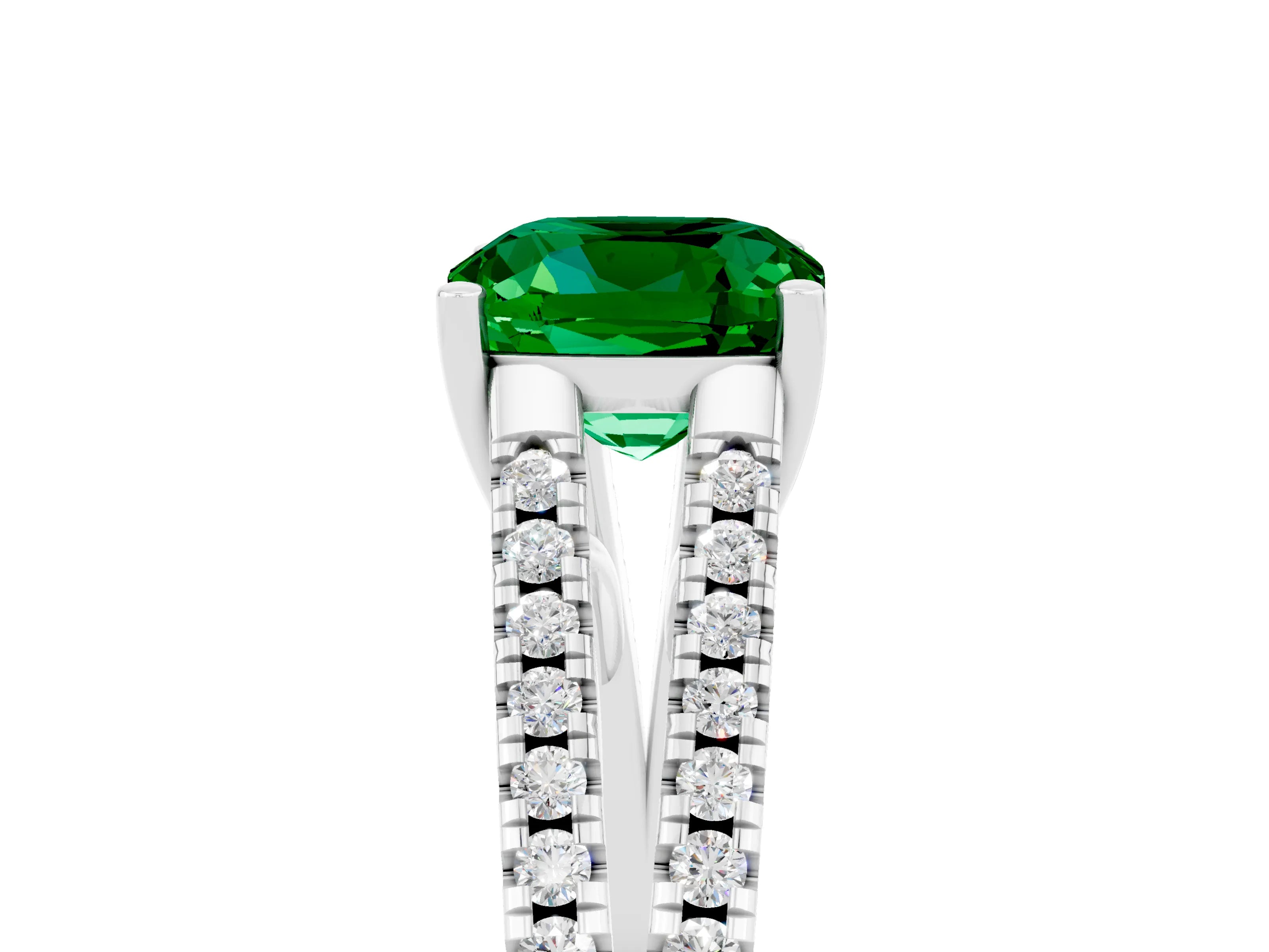 White gold Cushion Cut Emerald Solitaire Engagement Ring with Split Shank Pavé Band_5