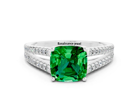 White gold Cushion Cut Emerald Solitaire Engagement Ring with Split Shank Pavé Band
