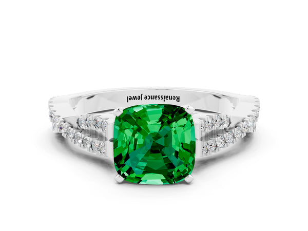 Silver Cushion Cut Emerald Solitaire Engagement Ring with Twisted Pavé Band and Four-Prong Setting