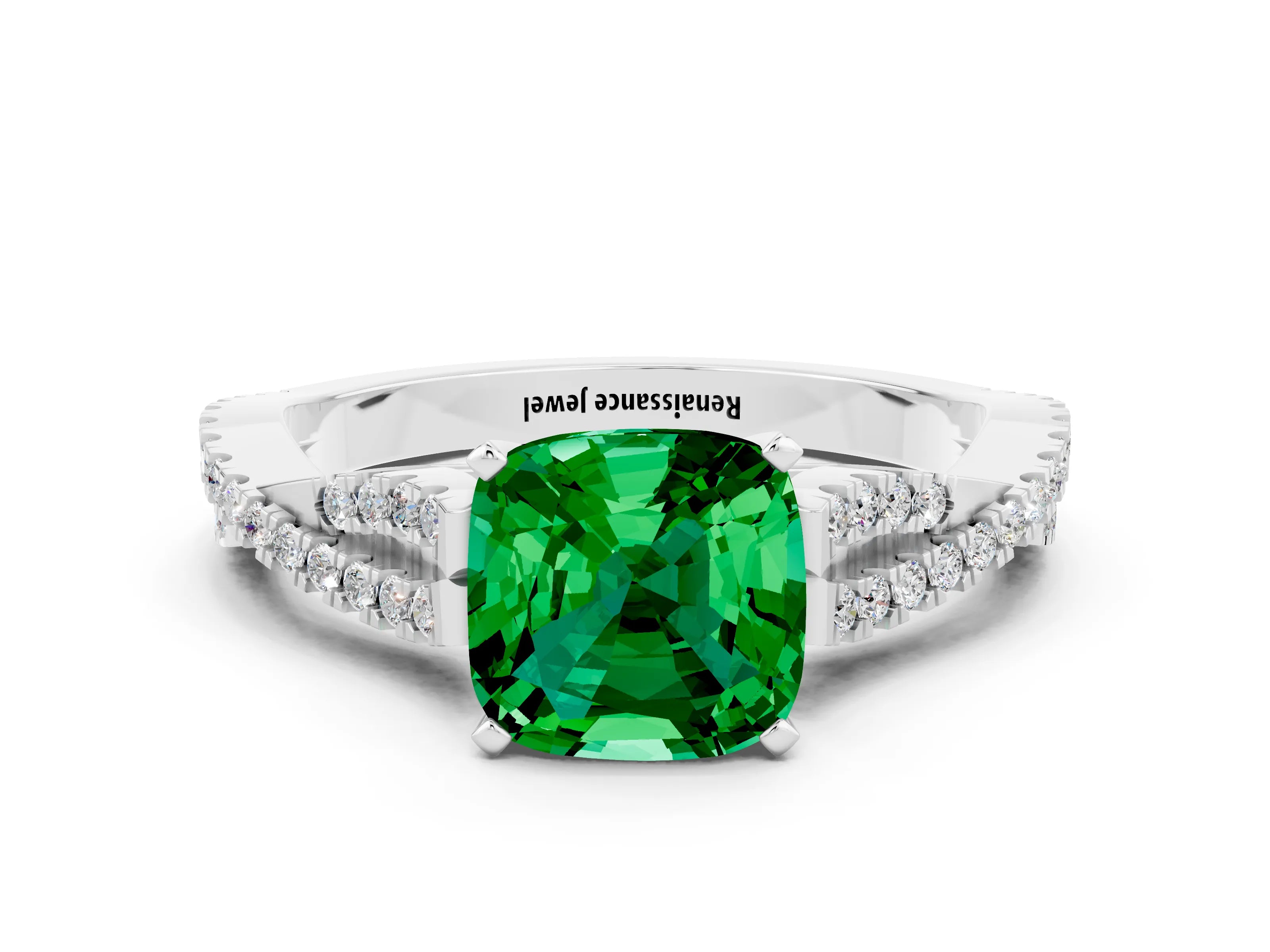 White gold Cushion Cut Emerald Solitaire Engagement Ring with Twisted Pavé Band and Four-Prong Setting_12