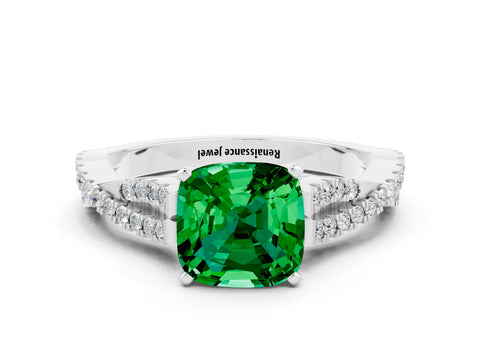 White gold Cushion Cut Emerald Solitaire Engagement Ring with Twisted Pavé Band and Four-Prong Setting_12