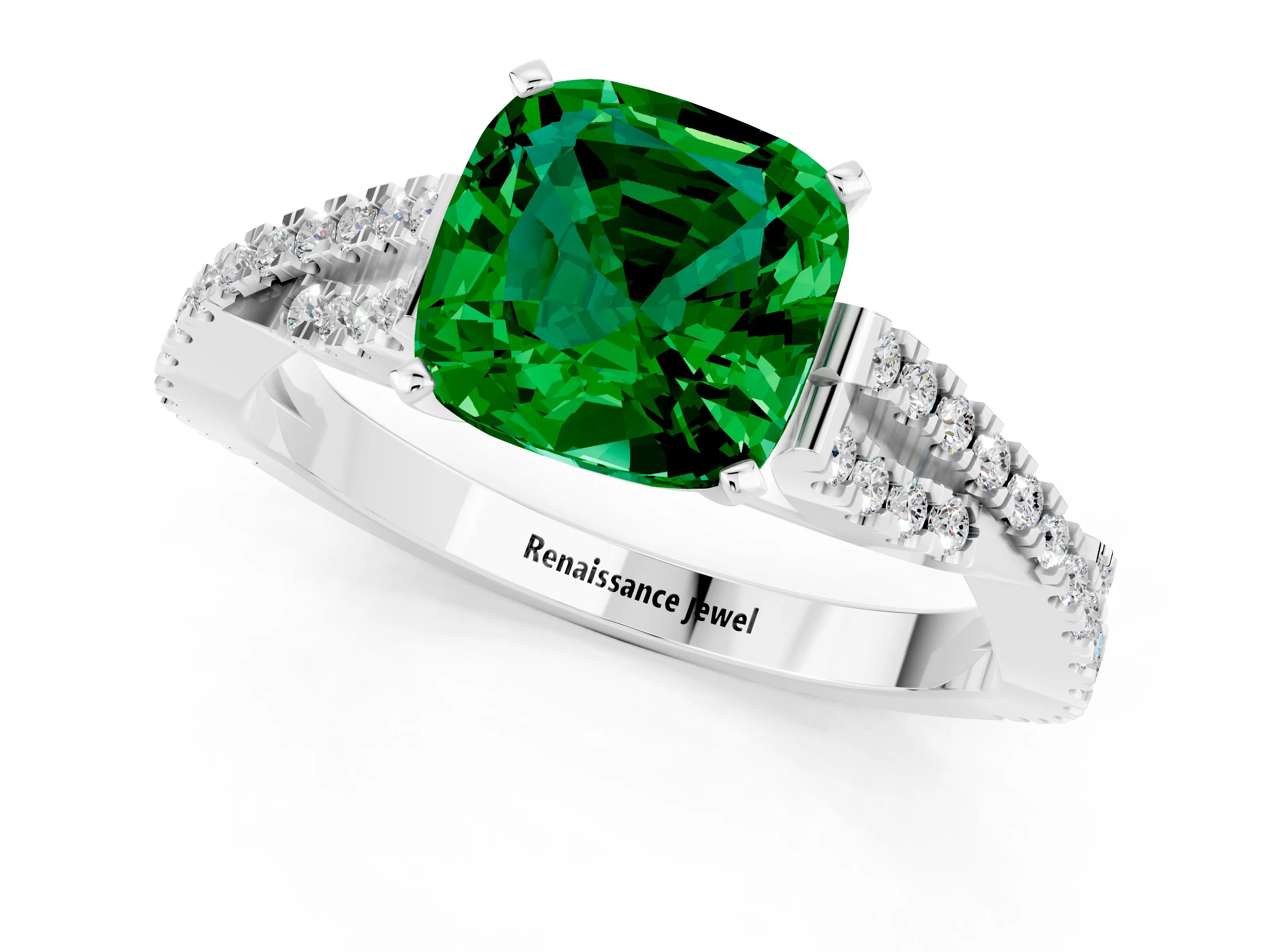 White gold Cushion Cut Emerald Solitaire Engagement Ring with Twisted Pavé Band and Four-Prong Setting_13