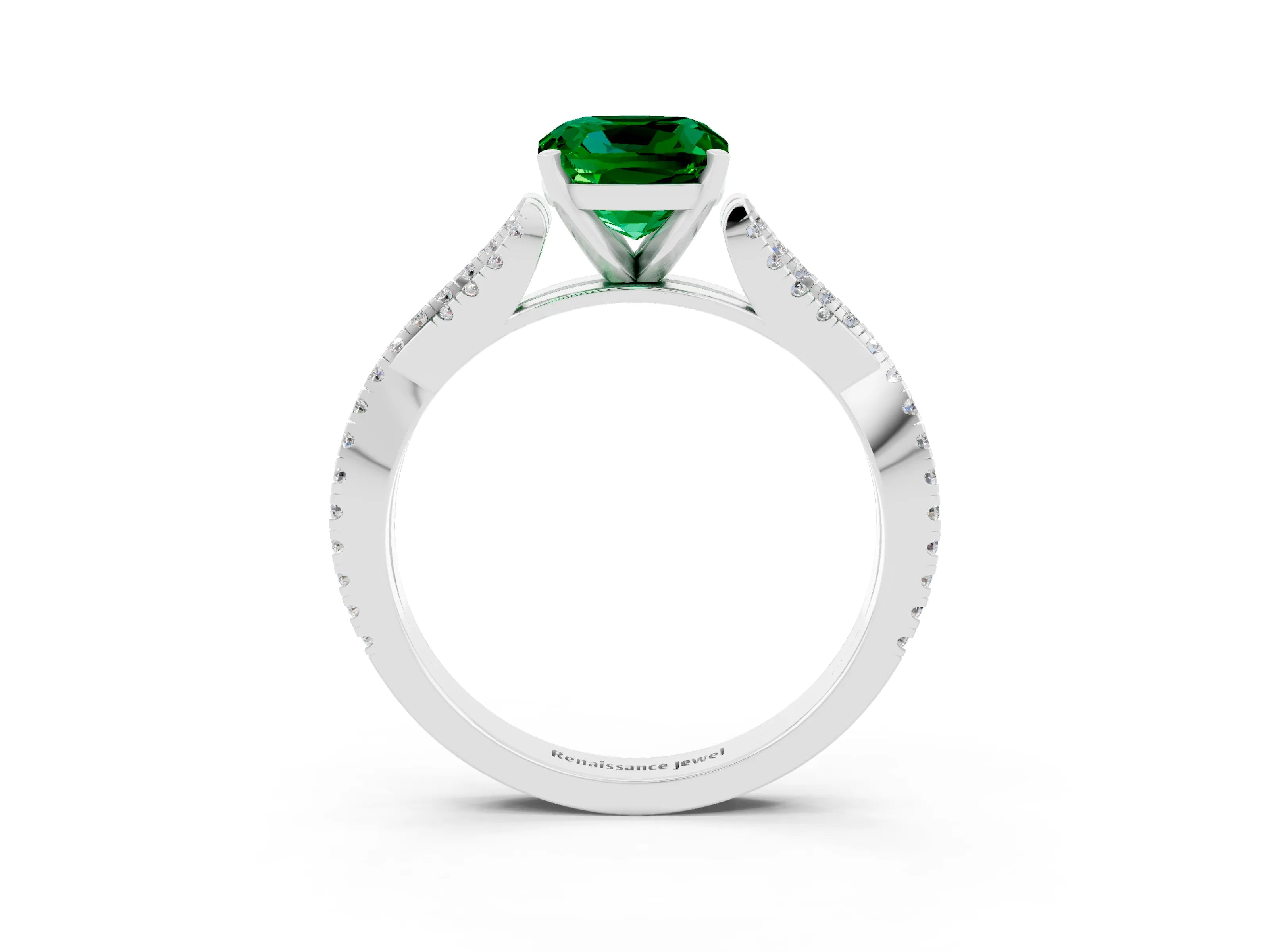 White gold Cushion Cut Emerald Solitaire Engagement Ring with Twisted Pavé Band and Four-Prong Setting_15