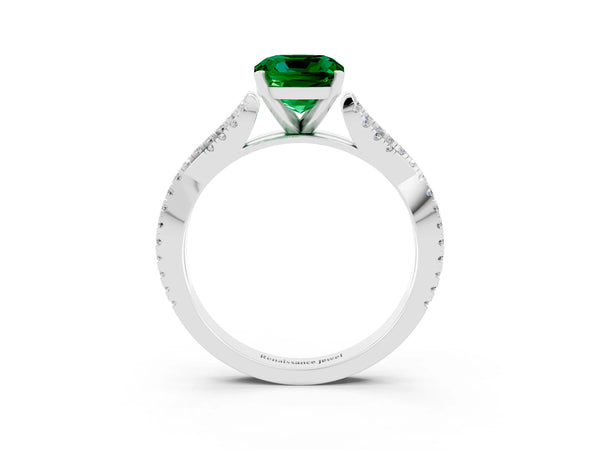 Silver Cushion Cut Emerald Solitaire Engagement Ring with Twisted Pavé Band and Four-Prong Setting